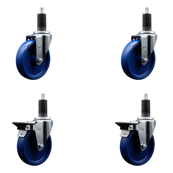 5'' Solid Poly Wheel Swivel 1-1/4'' Expanding Stem Caster Set 2 Brakes, 4PK